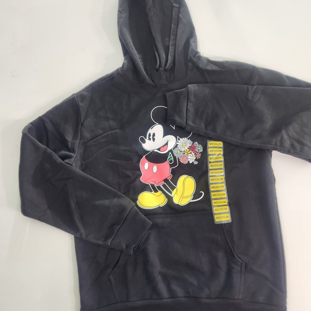 Disney  Hoodie Size M Mickey Mouse Women's Black Embroidered Flowers New  01 - Picture 2 of 13